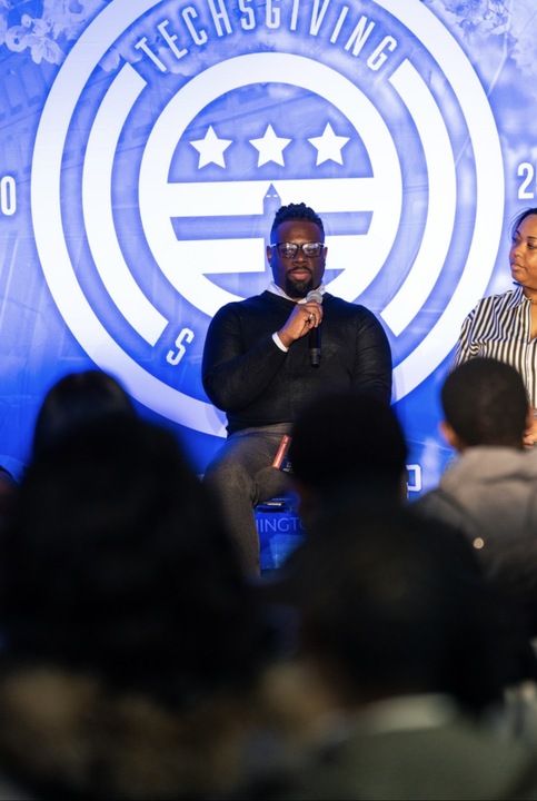 Jordan Jones speaking at Techsgiving panel event